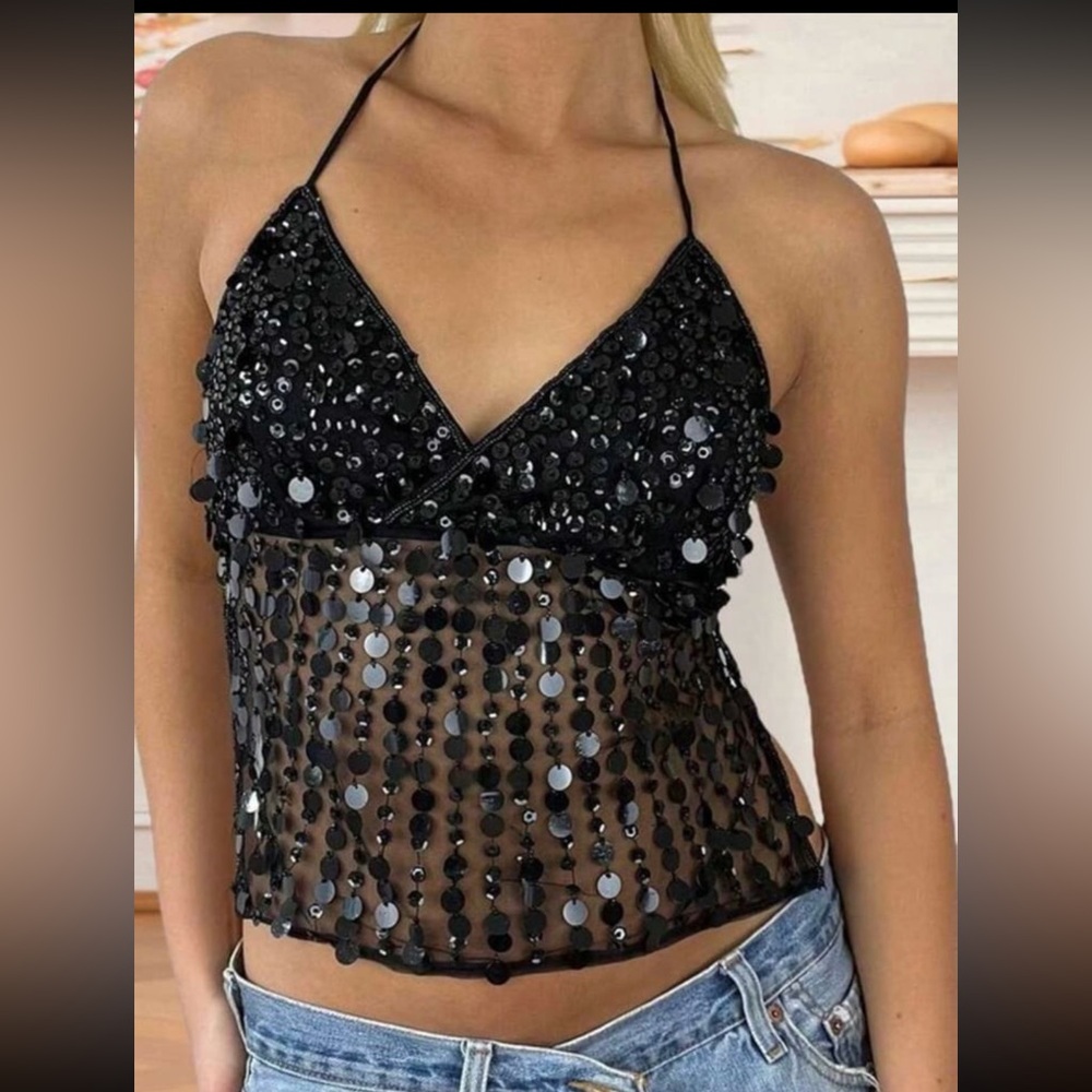 Black Sequin Halter Top